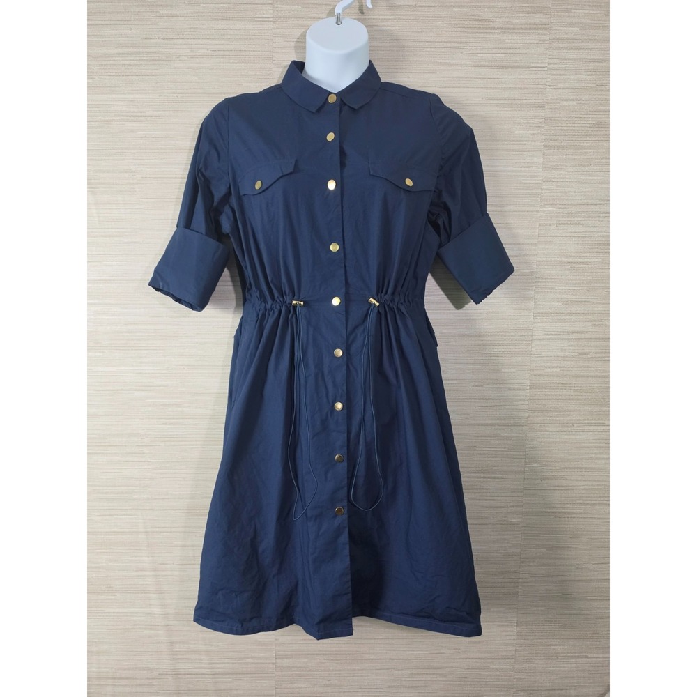 Gretchen Scott Midi Shirt Dress Women L Blue Chest Pocket Tie Waist Button Front